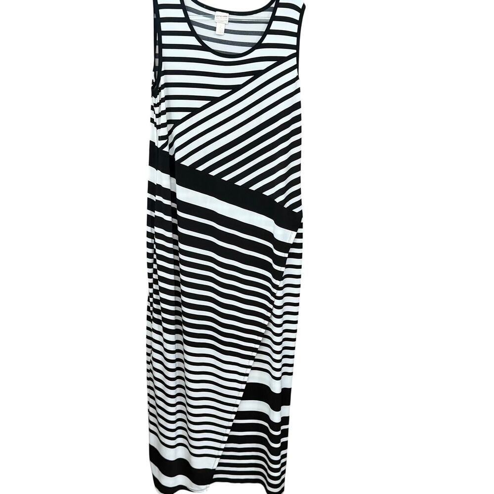 Chicos Collection Black White Stripe Bold Mod Maxi Dress Size 2 Stretch Travel